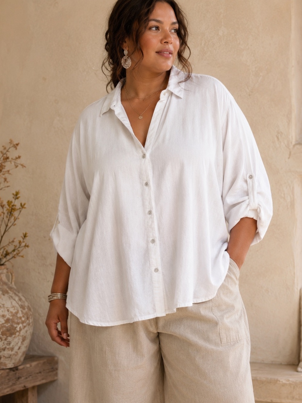 Linen Blend White Button Down Shirt Relaxed Coastal